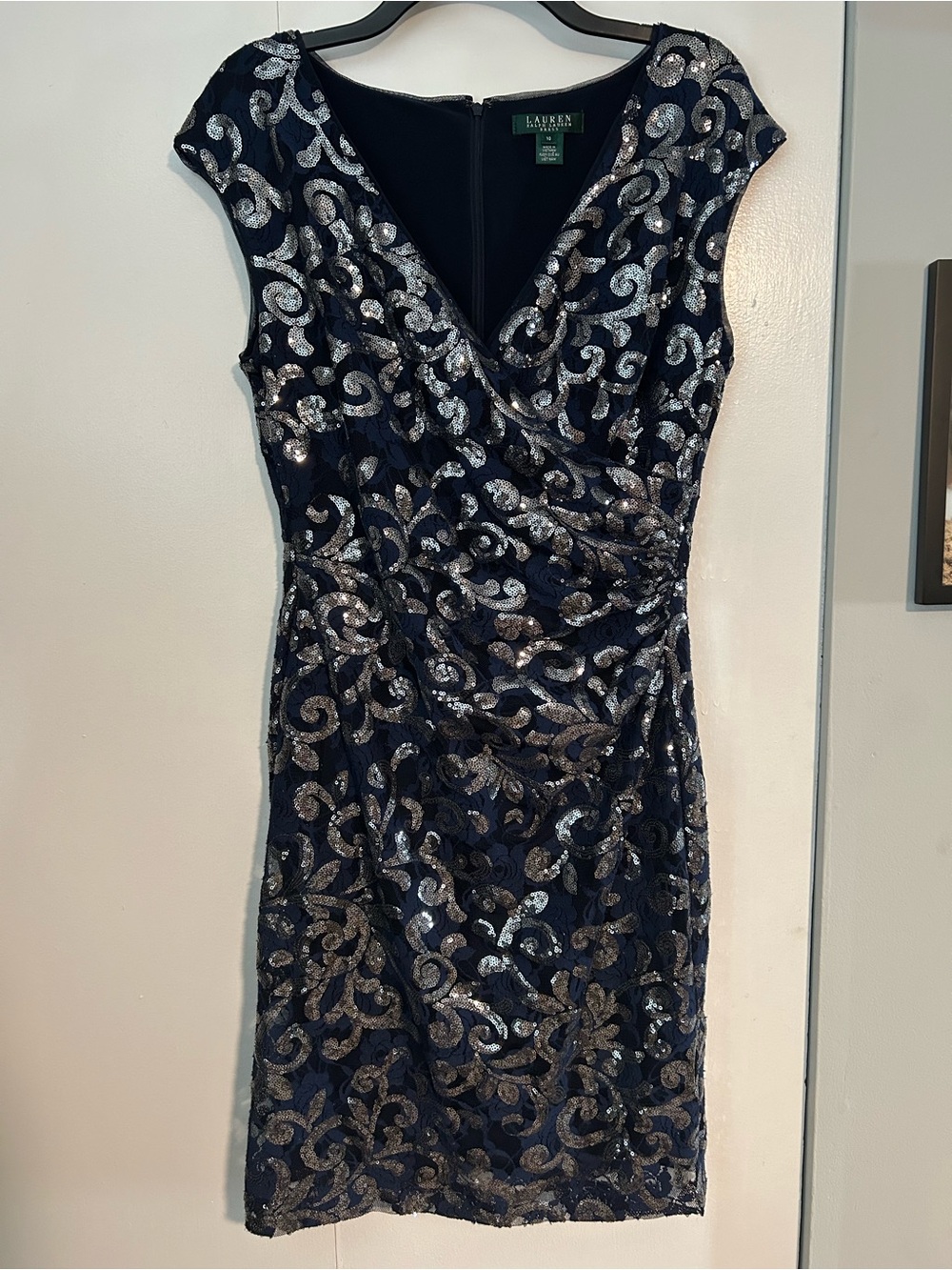 LAUREN Ralph Lauren Navy & Silver Sequin  faux Wrap-Front Dress